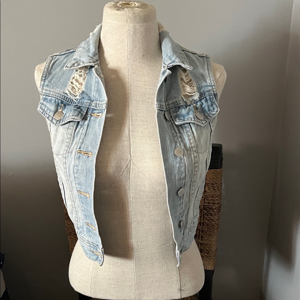 Light Wash Distressed Denim Vest - Womens